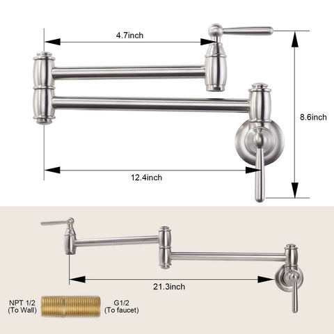 Brushed Nickel Pot Filler Faucet Wall Mount With Double Joint Swing Arms And Two Handles High Flow Brass Stove Faucet For Cold Water Only Eco Friendly Solid Brass Construction