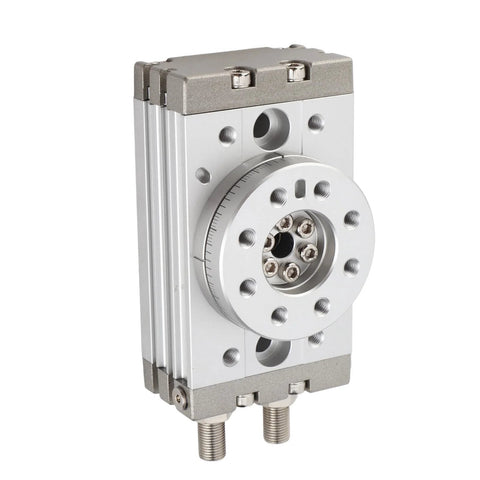 Pneumatic rotary actuator, double-acting rack-and-pinion, 20mm bore, silver aluminum body