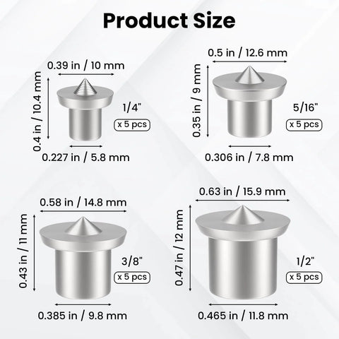 20 Piece Dowel And Tenon Center Transfer Plugs Set For Woodworking, sizes 6mm to 12mm, shown with measurements and quantity.
