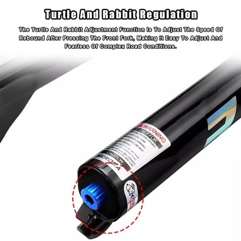Close-up of turtle and rabbit adjustment on beefed up front fork for mountain bikes with damping and disc brake compatibility.