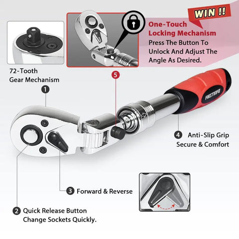 Locking Flexible Extendable Ratchet Wrench With A 180 Degree Flex Head For Three Eighth Inch Drive Reversible With Seventy Two Tooth Geared Action And Soft Grip Adjustable Length From 10.2 To 14.1 Inches Built For Real World Tough Jobs, showing features and locking mechanism