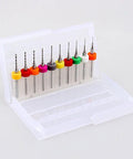 Carbide Micro Drill Bits Set 10 Piece 0.3mm To 1.2mm in plastic case, showing high precision tiny bits with colored holders.