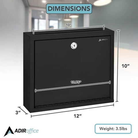 Heavy Duty Wall Mount Deposit Box With Lock And Slot For Payments And Checks, 12x3x10 Inch Secure Design, dimensions view