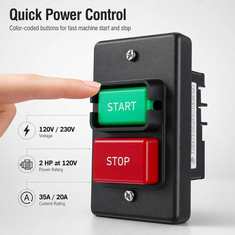 Top Shelf Single Phase Emergency Stop Power Switch With Quick Dual Voltage Control And Heavy Duty Deep Mounting Box For Table Saws Router Tables And Serious Woodworking Gear with color-coded start and stop buttons.
