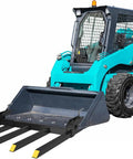 Heavy Duty 48 Inch Clamp On Pallet Forks For Tractor Bucket Debris Forks For Skid Steer And Front End Loader Buckets attached to a skid steer
