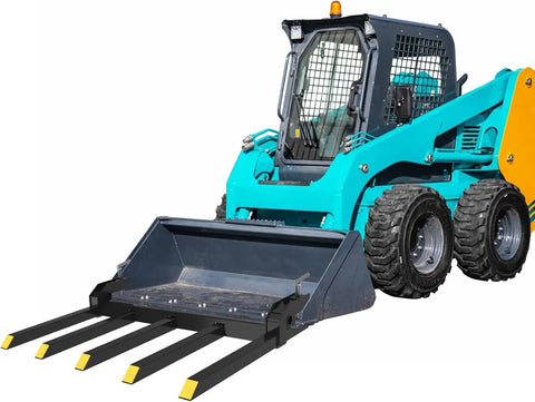 Heavy Duty 48 Inch Clamp On Pallet Forks For Tractor Bucket Debris Forks For Skid Steer And Front End Loader Buckets attached to a skid steer