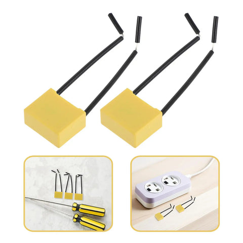 Get Your Hands On 30 Pcs Of High Voltage Microfarad Safety Capacitors With Built In Wire And Plastic Casing For Rock Solid Electrical Appliance Testing And Maintenance Work Without The Headache Or Risky Failures, two yellow capacitors with wires.