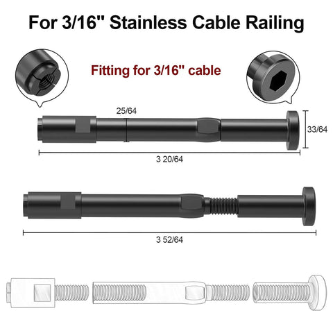 10 Pack Three Sixteenth Inch Black Swageless Invisible Cable Railing Kits With Tensioner System For Easy Install On Deck Or Stair Railings Ideal For Outdoor Or Indoor Projects With Durable Components And Quick, Easy Adjustability For A Slick Look. Black 3/16 inch stainless cable railing tensioner fitting