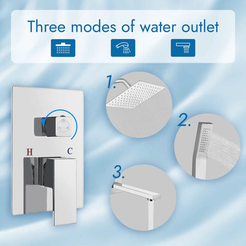 3-Function Wall Mount Shower System With Mixer, 8 Inch Rain Shower Head, Handheld Spray, Tub Spout close-up on modes