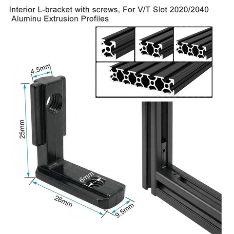 All In One 20 Piece Aluminum Extrusion L Bracket Kit For 2020 And 2040 V Slot T Slot Frames with bracket and profile details