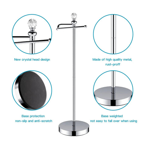 Reserve Function Free Standing Toilet Paper Holder With Crystal Finial In Chrome Finish Easy Install No Tools Required Space Saving Bathroom Stand 24.4 Inch Tall Toilet Roll Holder With Modern Chrome Look