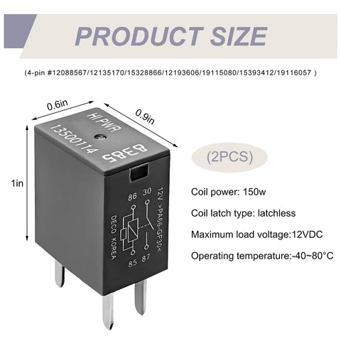 Two Pack 12V Car AC Relay 40A 4 Pin Quick Connect High Power Auto Relay for cooling fans and electrical systems with size details