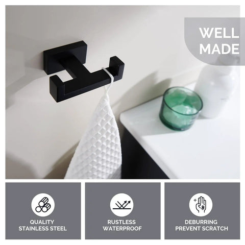 Double Towel Hook Matte Black Stainless Steel Bathroom Towel Holder Wall Mount For Towels Robes Coats And Bags SUS304 Durable Design