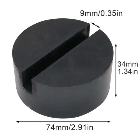 Heavy Duty Rubber Jack Pad With Anti Slip Rail Adapter Universal Car Lift Support Block Protects Undercarriage Jack Points Durable Wear Resistant Ideal For Most Cars Like Honda Toyota Nissan Hyundai Mazda And More, shown with dimensions 74mm x 34mm.