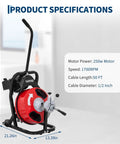 Product specifications of Heavy Duty Electric Drain Cleaner With Automatic Feed Sewer Snake And Foot Pedal showing dimensions and features.