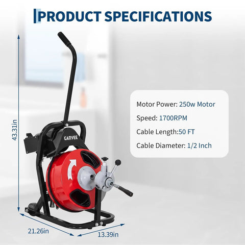 Product specifications of Heavy Duty Electric Drain Cleaner With Automatic Feed Sewer Snake And Foot Pedal showing dimensions and features.