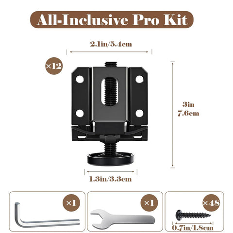 Heavy Duty Adjustable Furniture Levelers, 12 Pack Rock Solid Stabilizer Legs, 3960 Lb Load Capacity, parts layout including hex key and screws.