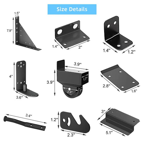 Size details of Heavy Duty Sliding Gate Hardware Kit With Smooth Roll Wheels For 1 To 2 Inch Wood Fence Gates components.