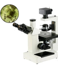 Inverted Biological Microscope 400X Trinocular for Student Labs, Phase Contrast, Long Working Distance Objective, Tissue and Cell Culture Ready, WF10X Eyepieces, 20mm Field of View, 30 Degree Tilt Observation Tube, Photography Ready showing trinocular head and stage
