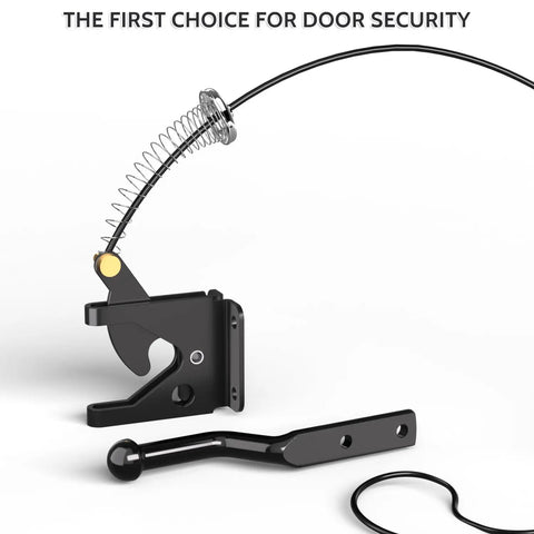 Heavy Duty Self Latching Gate Hook With Spring Release Cable components. Durable carbon steel latch system for wood gates.