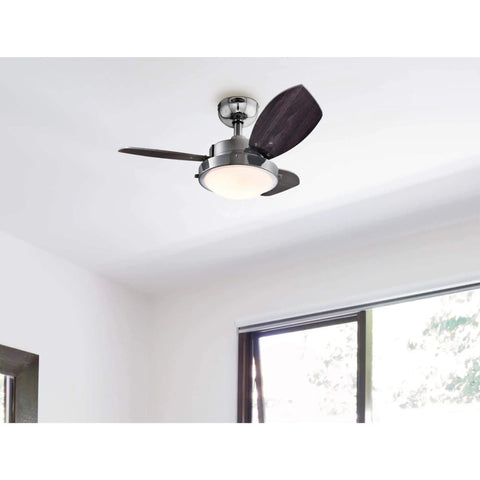 30-Inch Indoor Ceiling Fan With Light Chrome Finish Dope Reversible Wengue And Beech Blades 16-Watt Dimmable LED Light Kit With Opal Frosted Glass Downrod Mount For Small Rooms Up To 100 Sq Ft in modern room setting