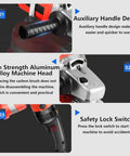 Heavy Duty Electric Concrete Grinder With Variable Speed Control And Side Handle For Quick Floor Resurfacing and 90 Degree Corner Scraping Dust Extractor Hookup Ready Rig For Top Shelf Results detailed view of auxiliary handle and machine head.