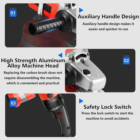 Heavy Duty Electric Concrete Grinder With Variable Speed Control And Side Handle For Quick Floor Resurfacing and 90 Degree Corner Scraping Dust Extractor Hookup Ready Rig For Top Shelf Results detailed view of auxiliary handle and machine head.