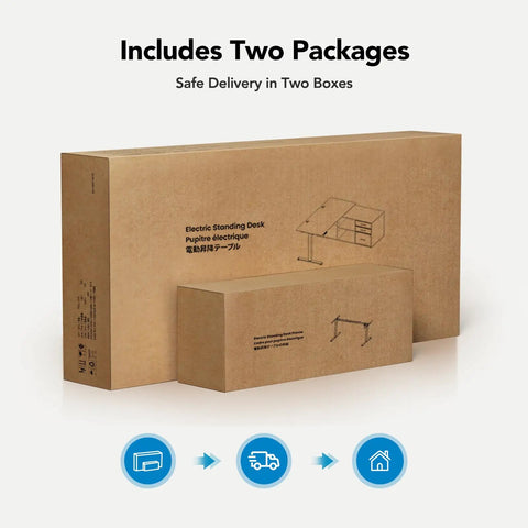 L Shaped Standing Desk With Electric Height Adjustment And Drawers 55 Inch By 23.6 Inch Walnut One Piece Desk Surface Four Memory Presets For Your Dope Home Office Setup And Computer Workstation packaging in two boxes