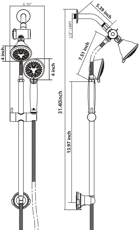 Diagram of High Pressure Shower Head With Handheld Combo In Brushed Nickel 5 Settings 4 Inch Rain Head And Handheld 60 Inch Stainless Steel Slide Bar 304 Stainless Hose Easy No Drill Install No Tools Needed