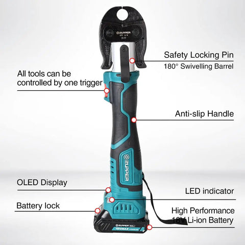 Solid Compact Pex Press Tool Kit For Half Inch Three Quarter Inch One Inch Pex Pipe And Stainless Steel Sleeves with OLED Display and Anti-slip Handle.