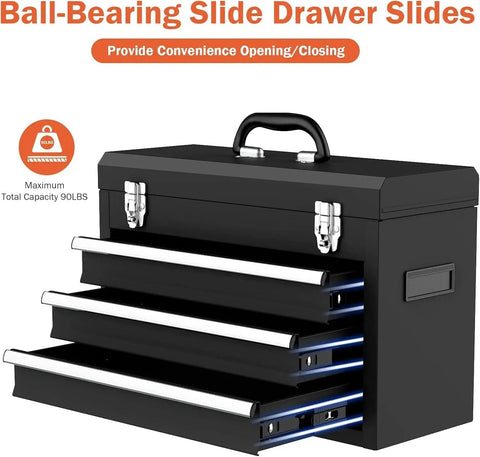 Beefy Heavy Duty 3 Drawer Metal Toolbox With Top Storage Tray And Carrying Handle Portable Steel Tool Chest, black