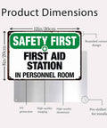 First Aid Station Aluminum Sign 8x12 Inches with highlighted product features and dimensions, safety signage for various environments.