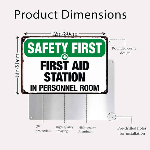 First Aid Station Aluminum Sign 8x12 Inches with highlighted product features and dimensions, safety signage for various environments.