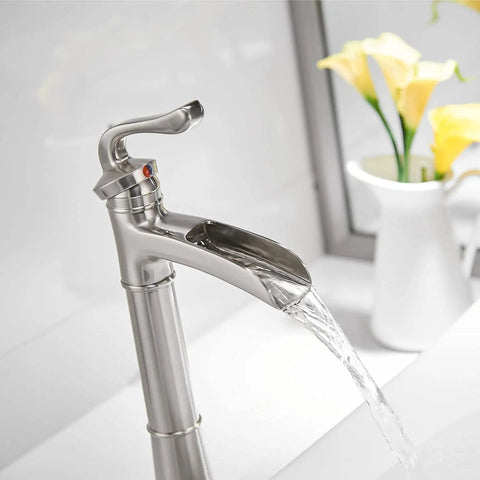 Vessel Sink Faucet With Waterfall Style In Brushed Nickel, Tall Farmhouse Style Bathroom Faucet flowing water in bathroom setting