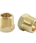 Brass pipe reducer hex bushing, 3/8 NPT male to 1/4 NPT female, pair.
