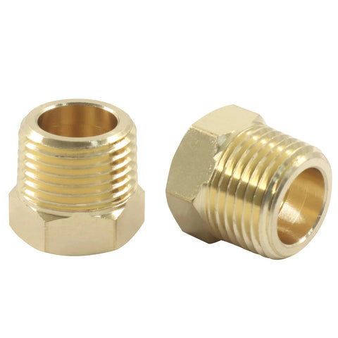 Brass pipe reducer hex bushing, 3/8 NPT male to 1/4 NPT female, pair.