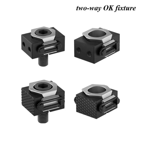 Heavy Duty 2pc Precision Vise Clamps Made From Rock Solid Stainless Steel For CNC Multi-Station Batch Processing With M6 Flat Surfaces And High Temp Heat Resistance, showcasing two-way OK fixture design in multiple angles.