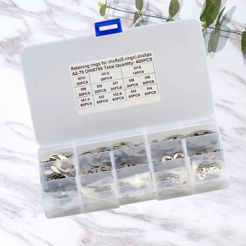 Stainless Steel Retaining Ring Set 400 Pieces M1.5 To M15 E Shaped Snap Rings Kit in organizer