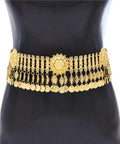 Dope Adjustable Gold Coin Waist Chain For Belly Dance Flexes And Festival Vibes Slim Body Jewelry With Flowing Brass Tassels on display.