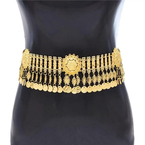 Dope Adjustable Gold Coin Waist Chain For Belly Dance Flexes And Festival Vibes Slim Body Jewelry With Flowing Brass Tassels on display.