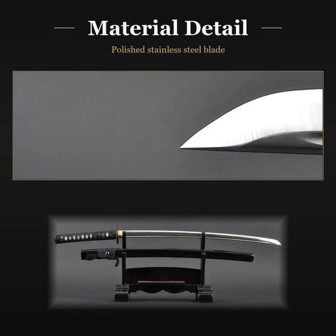 Katana Iaito For Iaido Training With Unsharpened Stainless Steel 28 Inch Blade Fuller Groove displayed on stand