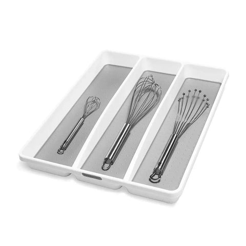 Three Compartment Utensil Tray For Kitchen Drawers With Deep Storage And Non Slip Lining containing whisks, white and grey