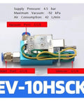 Compact Vacuum Generator With Detection Switch Ev10Hsck top view showing ports and specifications for industrial use.