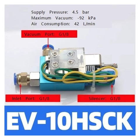 Compact Vacuum Generator With Detection Switch Ev10Hsck top view showing ports and specifications for industrial use.