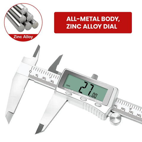 Six Inch Digital Caliper With Rechargeable Battery Backlit LCD Screen Stainless Steel Measuring Tool