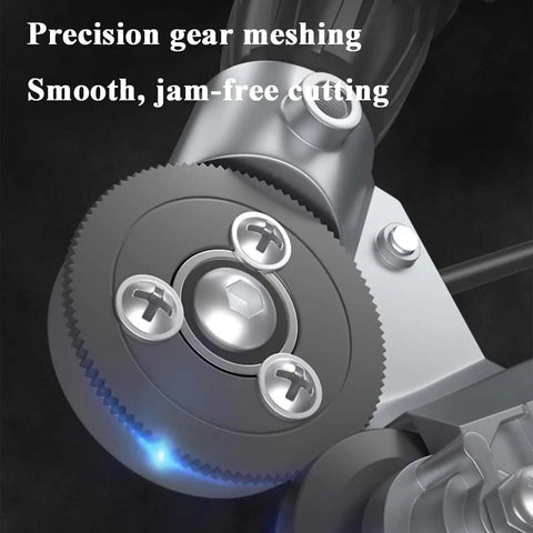 Close-up of Beast Drill Nibbler Sheet Metal Cutter Attachment with precision gear for smooth cutting on metal sheets.