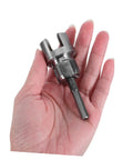 Yarnow Two Piece Pvc Pipe Threading Tool Kit With Internal And External Threader Carbon Steel Portable Pipe Thread Cutter For Plumbing And Home Repairs Compatible With Electric Drill held in a hand.