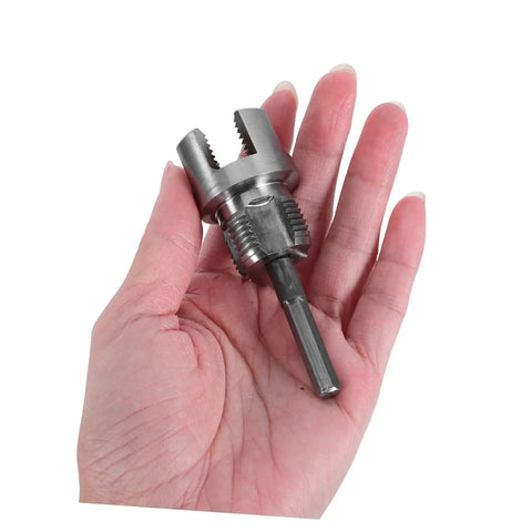 Yarnow Two Piece Pvc Pipe Threading Tool Kit With Internal And External Threader Carbon Steel Portable Pipe Thread Cutter For Plumbing And Home Repairs Compatible With Electric Drill held in a hand.