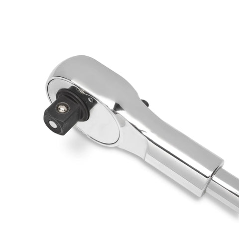 Close-up of 3/4 Inch Drive Quick Release Teardrop Ratchet, 24-Tooth, chrome finish head, showing socket release mechanism