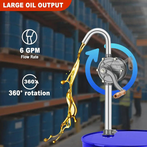 Built Rock Solid All Aluminum Manual Drum Pump For No Mess Pumping Of Oil Diesel Kerosene Hydraulic Fluid Fits 5 To 55 Gallon Barrels Fast Setup Heavy Duty Performance Guaranteed with 6 GPM flow rate.